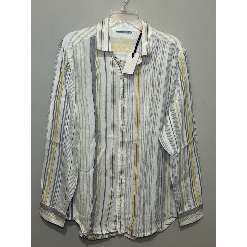 Tommy Bahama Shirt Mens Medium Linen Yellow Gray Stripe‎ Button Long Sleeve